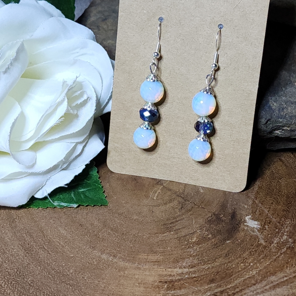 Hand Crafted Silver Toned Dangle Earrings With AB Blue & Opalescent Glass Beads